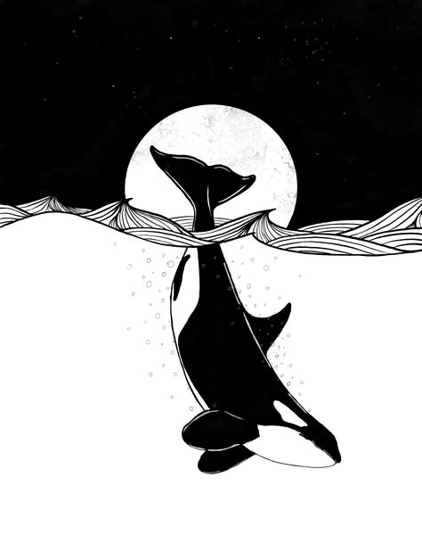 Orca night bath, on ArtStation at https://www.artstation.com/artwork/5BvyxW Orca Whales Art, Black And White Ocean Art, Orca Embroidery Pattern, Orca Whale Illustration, Orcas Drawings, Orca Art Drawing, Linocut Orca, Orca Whales Drawing, Orca Drawing Easy