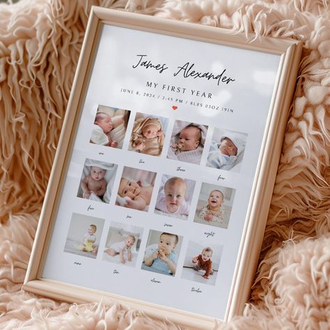 Minimalist First Birthday Photo Sign Template, Editable 1st Birthday Photo Poster, Printable Baby's First Year Photo Poster Template One Year Photo Collage, 1 Year Photo Display First Birthday Parties, First Birthday At Home, First Birthday Photo Display, First Birthday Frame, Minimalist First Birthday, Birthday Photo Displays, First Birthday Presents, 1st Birthday Photo