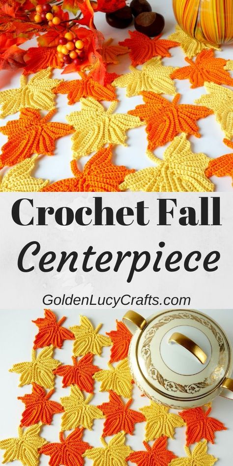 Crochet DIY Fall centerpiece, DIY autumn table decorations, crochet maple leaves table runner, table topper, inspiration, idea, #fallcrochet, #fallcenterpiece, #falltabledecor Autumn Table Decorations, Placemats Crochet, Rugs Crochet, Leaves Table Runner, Leaves Crochet, Fall Centerpieces Diy, Thanksgiving Crochet, Flower Stencils, Centerpiece Diy