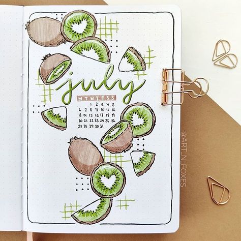 This is such a beautiful kiwifruit bujo design by artist @art_n_foxes on IG.   ✏Stationery weekly sale🔥 like brush pens, marking pens🖍 and pencil cases👝 for just fraction of price🛒💨🏃‍♀️. Visit ALotMall.com👇   🔖#bujojuly #bujocover #bujoinspiration #alotmall July Bullet Journal Ideas, July Bullet Journal, May Bullet Journal, Bullet Journal Month, Bullet Journal Page, Bullet Journal Set Up, Creating A Bullet Journal, Bullet Journal Cover Ideas, Bullet Journal Paper