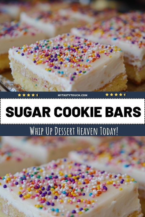 These sugar cookie bars are a delightful treat that brings joy to every occasion! With a soft, chewy texture and a creamy frosting topped with colorful sprinkles, they're perfect for parties or just a sweet snack at home. Believe me, once you whip these up, you won’t be able to resist sharing—or keeping them all to yourself! Tom Thumb Cookie Bars, Shortbread Cookie Bars Recipes, Sugar Cookie Christmas Bars, Iced Sugar Cookie Bars, Birthday Treats For Adults, Sugar Cookie Bars Easy, Sugar Cookie Cheesecake Bars, Bar Cookies Recipes, Easy Sugar Cookie Bars