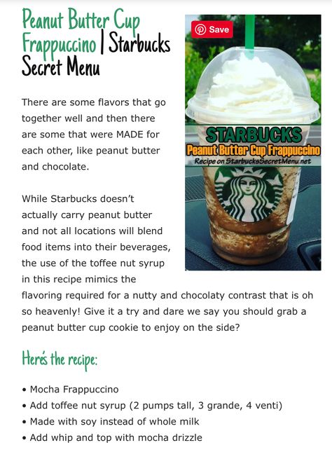 Peanut Butter Starbucks Drink, Peanut Butter Drink, Starbucks Secret Menu Recipes, Secret Starbucks Recipes, Secret Starbucks Drinks, Menu Recipes, Frappuccino Recipe, Starbucks Secret, Starbucks Drink