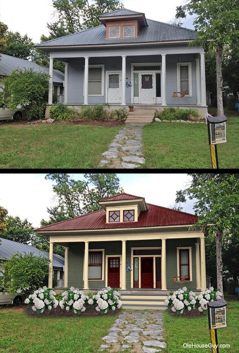 A red roof always adds a nice touch to a house. Foundation plantings make a big impact too with the new house colors. Red Roofed Houses, Exterior Paint Colors For House With Red Roof Colour Schemes, Painted Brick With Red Roof, Red Roof House Exterior Colors, Homes With Red Roof, Red Metal Roof House Colors, Houses With Red Metal Roofs, House Colors With Red Roof, Burgundy Roof House Colors