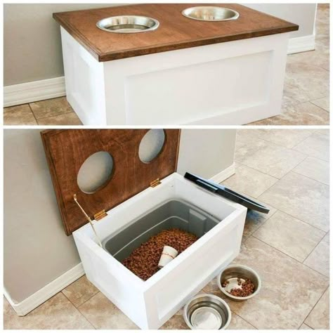 diy pet feeding station Dog Food Holder, Diy Food Storage, Cat Food Station, Diy Litter Box, Diy Storage Containers, Dog Food Station, Cat Feeding Station, Pet Feeding Station, Dog Feeding Station