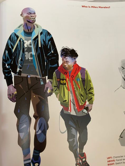 Uncle Aaron and Miles concept sketch from Into the Spiderverse Art Of Spiderman Into The Spiderverse, Spiderverse Uncle Aaron, Alberto Mielgo Spiderverse, Spiderman Into The Spiderverse Character Design, Spiderverse Art Concept, Spiderman Across The Spiderverse Concept Art, Alberto Mielgo Spiderman, Spiderman Into The Spiderverse Concept, Into The Spiderverse Art Book