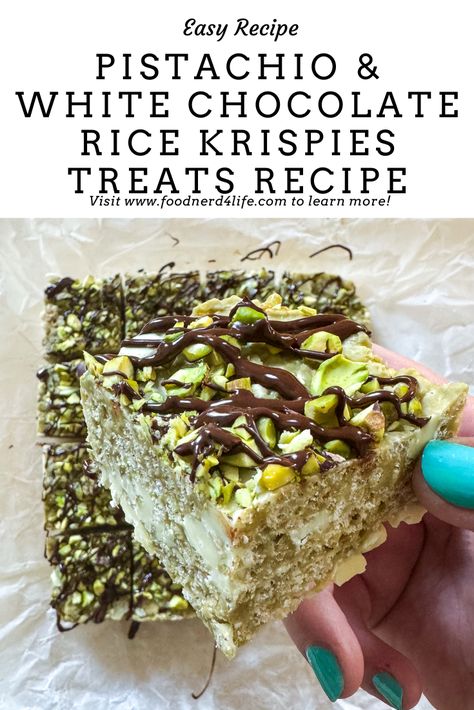 Pistachio is having such a moment right now, it’s in practically every possible food version you can think of. And quite rightly, it’s so darn delicious! I like using pistachio cream to make Pistachio and White Choc Rice Krispies Treats Bars. This recipe has plenty of pistachio cream melted with marshmallows to bind rice crispy cereal and white chocolate chunks, with then a dark chocolate drizzle and chopped pistachios to top these treats.   #pistachiocream #ricekrispietreats #ricekrispytreats Matcha Rice Krispie Treats, Pudding Rice Krispie Treats, Dulce De Leche Rice Krispie Treats, Pistachio Rice Krispie Treats, Cookies And Cream Rice Krispie Treats, Rice Krispies Recipes, Elevated Rice Crispy Treats, Fancy Rice Crispy Treats, Muddy Buddy Rice Krispie Treats