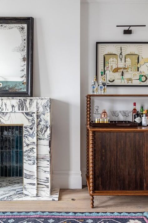 Green Kitchen Inspiration, Blue And White Wallpaper, Sports Media, London Townhouse, Drinks Cabinet, Built In Bookcase, Marble Fireplaces, Side Cabinet, Fireplace Design