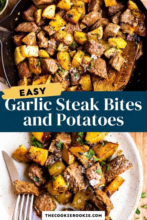 Steak Bites With Potatoes, Gluten Free Dairy Free Recipes Dinner, Butter Steak Bites, Steak And Potatoes, Garlic Steak, Dairy Free Recipes Dinner, Butter Steak, Pan Recipe, Tender Steak