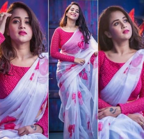 #liquid organza white saree, #white organza silk saree, #white organza silk saree with pink blouse Organza Saree Blouse Designs Latest, Liquid Organza, Organza Saree Blouse Designs, Saree White, Fabric Colour Painting, Hands Aesthetic, Bff Hands Aesthetic, Organza Silk Saree, White Saree