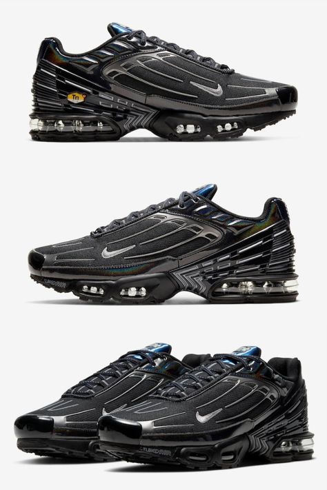 Nike Kicks Men, Tn 3, Nike Tns, Black Tns, All Black Nike Shoes, Tn Plus Nike, Nike Air Max Plus 3, Nike Air Max Plus Tn Outfit, Nike Air Force Black