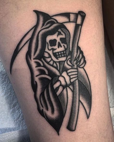 Traditional Reaper, Kendall Tattoo, Reaper Tattoo, Traditional Tattoos, Old School Tattoo, Cat Tattoo, Traditional Tattoo, I Tattoo, Skull Tattoo