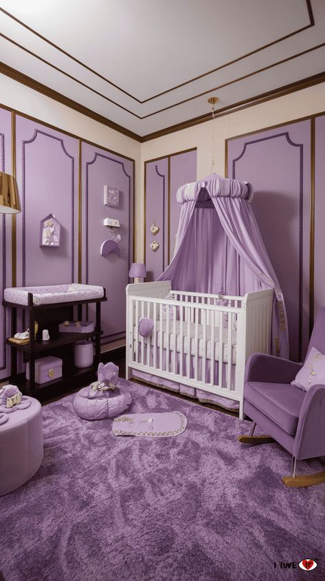 girls nursery Baby Girl Nursery Room Ideas Purple, Purple Baby Room, Purple Baby Girl Nursery, Cozy Small Spaces, Nursery Ideas For Girls, Purple Baby Nursery, Purple Baby Rooms, Small Room Nursery