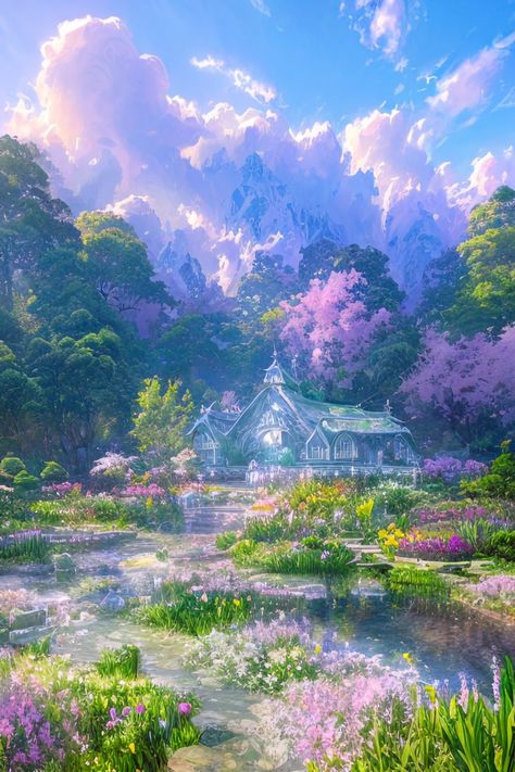 This digital artwork presents a stunning garden, teeming with vibrant white, pink, and purple flowers, encircling a tranquil pond. At the center of this wondrous garden stands a quaint house, imbued with a touch of magic, radiating an ethereal aura. Behind the house, a lush green forest stands tall and majestic, beckoning the viewer to embark on an adventure. This enchanting scene promises to captivate viewers with its alluring beauty and mysterious atmosphere. Fairy Garden Digital Art, Fairy Fantasy World, Enchanted Forest Artwork, Magical Garden Fantasy Art, Purple House Aesthetic, Tree House Homes, Green Purple Aesthetic, Magic Scenery, Oasis Poster