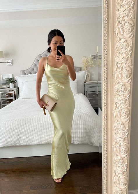 yellow satin maxi dress // affordable + chic floor length gown for petite women Gowns For Petite Women, Wedding Guest Dress Black Tie, Yellow Satin Dress, Petite Wedding Guest Dresses, Dress For Petite Women, Extra Petite, Ideal Wardrobe, Black Tie Dress, Cocktail Attire