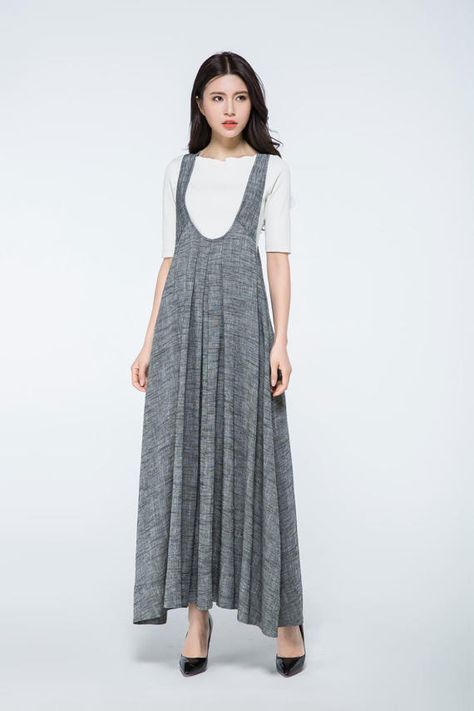 Overall dress, Pinafore dress, linen dress, long dress gray, woman dress linen, plus size dress, summer dress, Pinafore dress woman C1057 Casual Sleeveless Cotton Pinafore Dress, Sleeveless Linen Pinafore Dress, Plus Size Dress Summer, Womens Pinafore Dress, Cotton Knee-length Pinafore Dress With Pockets, Relaxed Fit A-line Linen Maxi Dress, V-neck Lagenlook Daywear Dress, Sequin Cami Dress, Linen Pinafore