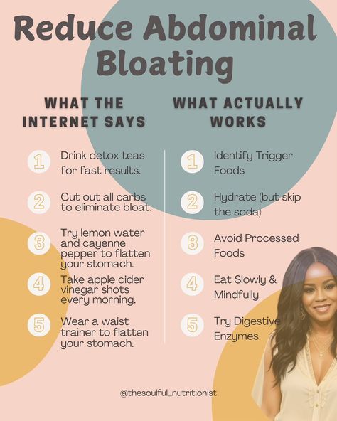 Reduce Abdominal Bloat What the Internet Says vs. What Actually Works Bloat—whether it’s after a meal or sticking around all day—can be frustrating, and the internet is FULL of tips that promise quick fixes. But how many of those hacks actually work? 🤔 Let’s break down what the internet says vs. what really helps for lasting bloat relief: 🌐 What the Internet Says: “Drink detox teas for fast results.” “Do 100 crunches to reduce bloating instantly.” “Try lemon water and cayenne pepper to fla... Bloat Relief, Getting Rid Of Gas, Cramps Relief, Eat Slowly, Stomach Issues, Fast Results, Cayenne Pepper, Lemon Water, Detox Tea