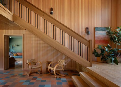 Inside a ’70s-Style River Island Home Outside Portland, Oregon | Architectural Digest 1970s Flooring, Disco Floor, Banquette Cushions, 1970s House, Pond House, Two Sided Fireplace, Farrow & Ball, Quarry Tiles, Glazed Brick