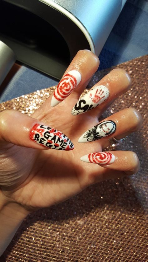 SAW nails by Neci Marijoy Saw Nail Designs, Jig Saw Nails, Saw Nail Art, Saw Themed Nails, Saw Inspired Nails, Saw Halloween Nails, Jigsaw Nails Halloween, Saw Nails Halloween, Jigsaw Nails