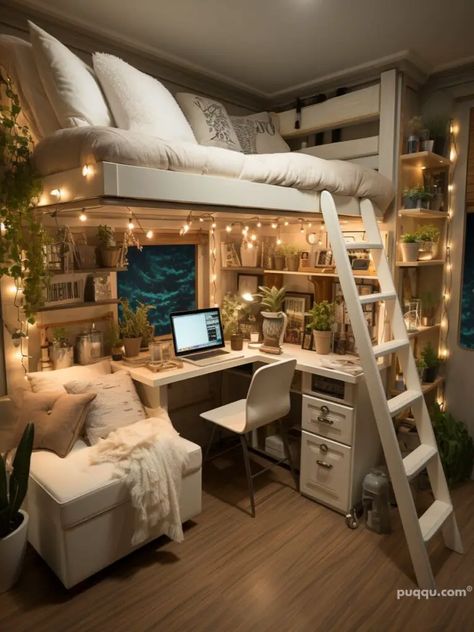 Gamer Dorm Room Ideas, Cute Dorm Room Ideas Lofted Beds, Dorm Study Space, Loft Bed Ideas With Desk, Bedroom Ideas With Loft Beds, Loft Bed Ideas For Small Rooms Space Saving, Anime Dorm Room, Loft Bed Design, Loft Bed Ideas For Small Rooms