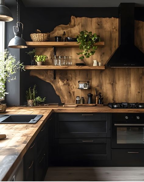 Black Rustic Decor, Black Kitchen Butcher Block Counter, Black Cabin Kitchen, Black And Wood Home Decor, Butcher Block Countertops Black Cabinets, Black And Wood Interior Design, Black And Brown Kitchen, Dark Kitchen Aesthetic, Kitchen Butcher Block Counters