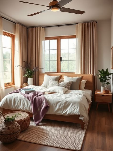 Transform your bedroom into a cozy haven! Embrace modern design with warm hues, natural finishes, and lush plants for a restful, inviting retreat. 🌿✨ Oak Bedroom Ideas, Cozy Modern Bedroom, Lush Plants, Warm Bedroom, Oak Bedroom, Honey Oak, Large Windows, Modern Bedroom, Bedroom Ideas