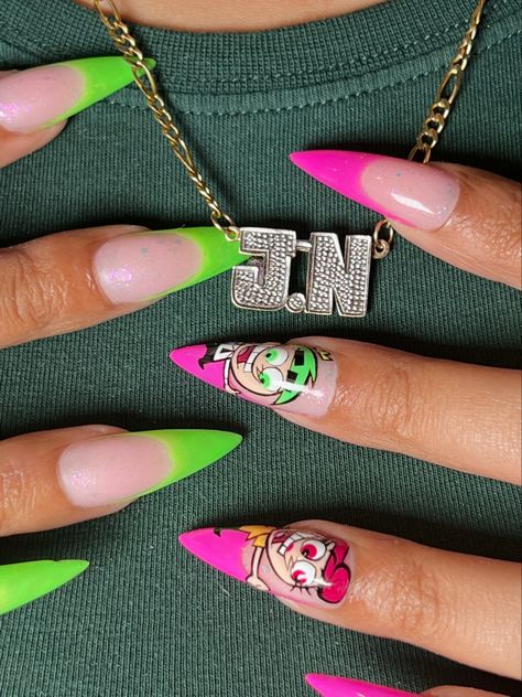 fairly odd parents cosmo and wanda green and pink nails The Fairly Oddparents Nails, Cosmo And Wanda Nail Art, Fairly Odd Parents Nail Art, Cosmo Wanda Nails, Kim Possible Nails, Cosmo And Wanda Tattoo, Cosmo And Wanda Nails, Wanda And Cosmo, Green And Pink Nails