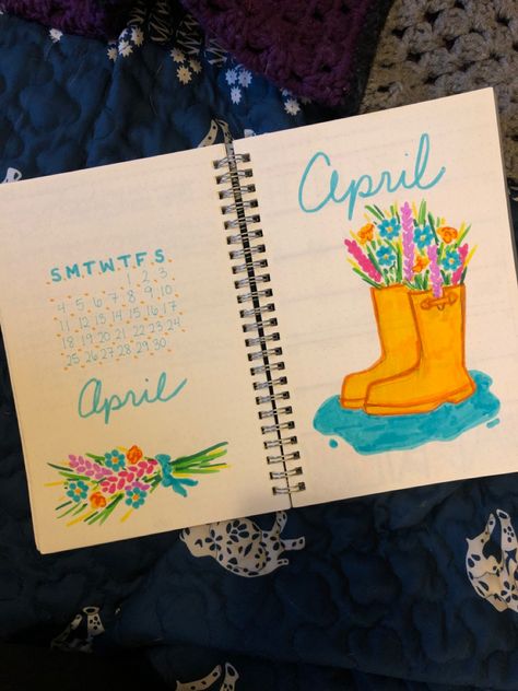 April Scrapbook Page, May Book Journal Ideas, April Book Journal Spread, April Dot Journal, April Drawing Ideas, April Bullet Journal Cover Aesthetic, April Reading Journal, April Journal Page, Bullet Journal April Theme