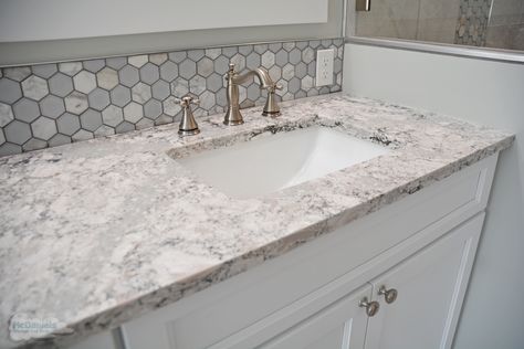 Quartz Countertop Bathroom, Quartz Bathroom Countertops, Quartz Bathroom, Home Schedule, Countertop Bathroom, Quartz Countertop, White Vanity, Bathroom Countertops, Undermount Sink