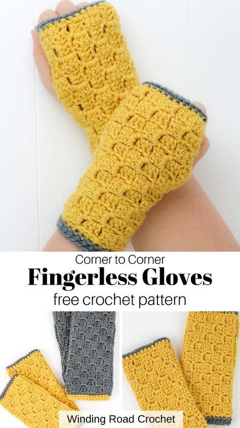 Corner to corner crochet fingerless gloves. Free crochet pattern by Winding Road Crochet. #crochetgloves #crochet #c2c Crocheted Fingerless Gloves, Crochet Gloves Free Pattern, Crochet Fingerless Gloves Free Pattern, Gloves Crochet Pattern, Leg Warmers Crochet Pattern, Winding Road Crochet, Fingerless Gloves Crochet, Crochet Mitts, Crochet Hand Warmers