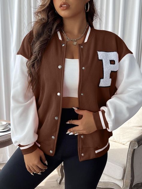 Coffee Brown Casual Collar Long Sleeve Knitted Fabric Colorblock,Letter Varsity Embellished High Stretch  Plus Size Outerwears Varsity Jacket Outfit, Varsity Jacket Women, Jacket Outfit Women, Plus Size Jackets, College Jackets, Womens Jackets Casual, Causual Outfits, Print Jacket, Everyday Dresses