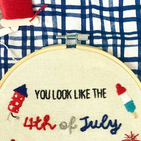 Mountain Laurel Embroidery Co. on Instagram: "The 4th of July is coming up soon! 🇺🇸 This quote from Legally Blonde comes to mind every time July comes around.   Stitch this pattern, and you’ll be ready for any upcoming BBQs! Fourth of July, hot dogs, fireworks, Jennifer Coolidge - what’s more American? 🌭🎆 Click the link in my bio to purchase this pattern!  #embroidery #embroiderersofinstagram #embroiderypattern #crafts #etsy #etsyshop #fourthofjuly #hotdog #legallyblonde #jennifercoolidge" Dogs Fireworks, Laurel Embroidery, 4th Of July Embroidery, Embroidery Beginners, Patriotic Embroidery, Mountain Laurel, Embroidery Materials, Legally Blonde, Thread Colors