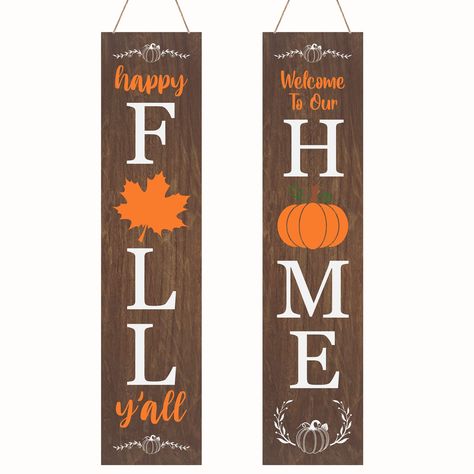 PRICES MAY VARY. 【Package Contents】: You will receive 2 rectangular fall wood door signs printed with fall maple and pumpkin elements, 'FALL'' HOME' text for your fall decorating needs. 【Quality Materials】: Our 17 inch Fall Home Vertical Wood Signs are made of quality wood professionally cut, painted and faux aged with high resolution graphics. Printed directly using archival quality inks, our fall decor is durable and will not peel, fade or show signs of wear, making it the perfect home decor f Thankful Porch Sign, Diy Welcome Fall Sign Wood, Fall Porch Signs Buffalo Plaid, Give Thanks Porch Sign, Happy Fall Yall Porch Signs, Sign For Front Door, Yard Party, Wood Decoration, Fall Farmhouse