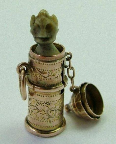 Archaeology & Art on Instagram: "Victorian 9 k gold Hidden Pop-Up Devil "Temperance" Capsule Charm. Private Collection.⁣ ⁣ "..This piece consists of a gold capsule that is stamped and holds a small devil totem hidden inside. During the Victorian era, many jewelry elements were shrouded in symbolism and concealed meaning. This particular piece serves as a reminder of "temperance" (abstinence from alcohol, or moderation and self-restraint, particularly in consumption). Once opened, the head of the Victorian Times, Gold Charms, Chatelaine, Jewel Box, Amulets, Victorian Jewelry, Lucky Charm, Gold Charm, Victorian Era