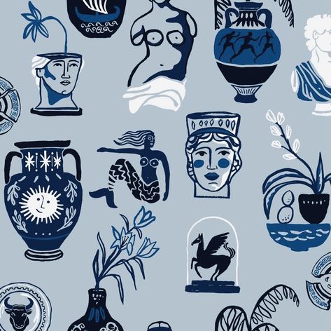 Greek Mythology Prints, Greek Illustration Mythology, Greek Prints Pattern, Greek Mythology Pattern, Mythological Drawings, Greek Mythology Illustration, Greek Graphic Design, Mythology Pattern, Greek Prints