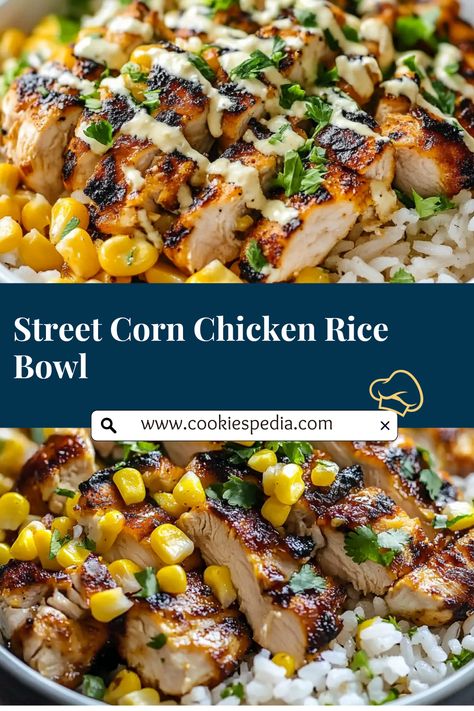 Looking for an easy recipe that’s perfect for parties? This Street Corn Chicken Rice Bowl combines juicy grilled chicken, creamy Mexican street corn salad, and customizable toppings for a crowd-pleasing dish. Vibrant, flavorful, and meal-prep friendly—your guests will love it! 🌮✨ #EasyRecipe #PartyFood #MexicanInspired #RiceBowl Chicken Street Corn Rice Bowl, Chicken Rice Beans Recipe, Grilled Chicken Rice Bowl, Street Corn Chicken Bowl, Chicken And Rice Bowl Recipes, Street Corn Chicken Rice Bowl, Creamy Mexican Street Corn, Easy Street Corn, Chicken Rice Bowl Recipe