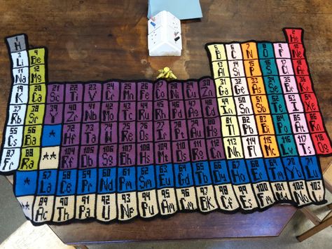 Crocheted periodic table Diy Periodic Table Projects, Crochet Periodic Table, 3d Periodic Table Project, Crochet Periodic Table Blanket, Crochet Chemistry Set Free Pattern, Periodic Table Cross Stitch, Crochet Science, Nerdy Crochet, Grid Crochet