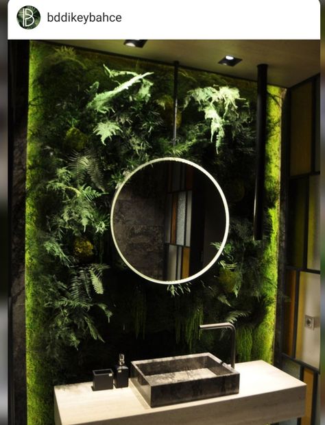 Bathroom With Moss Wall, Brick Accent Wall Bedroom, Sauna Bathroom Ideas, Basement Flat, Brick Accent Wall, 80s Interior, New Bathroom Ideas, Living Wall Art, Luxury Room Bedroom