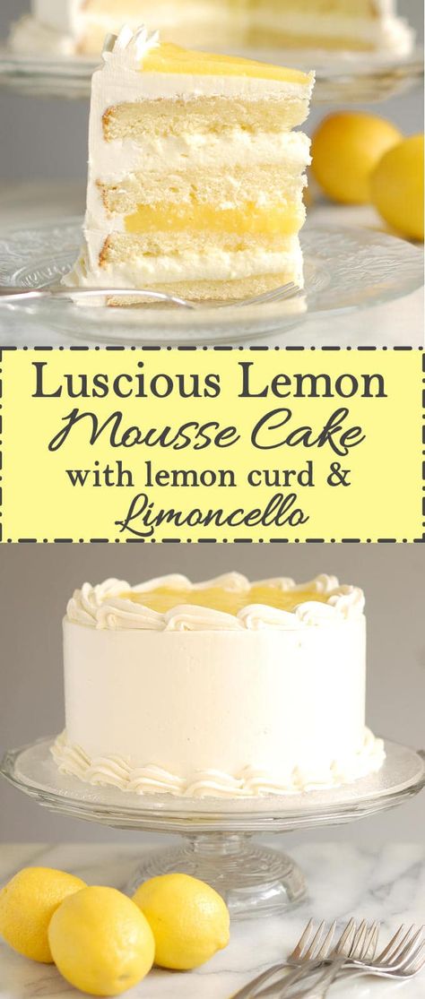 Luscious lemon mousse cake might be the perfect layer cake. Lemon cake with Limoncello syrup, zesty lemon curd and creamy lemon mousse. #soft #best #moist #boozy #fancy White Lemon Cake, Shiner Bock Cake, White Cake With Lemon Filling, White Cake With Lemon Curd Filling, Lemon Birthday Cake For Men, Lemon Simple Syrup For Cakes, Lemon Mousse Cake, Fancy Birthday Cakes, Cake With Lemon Curd