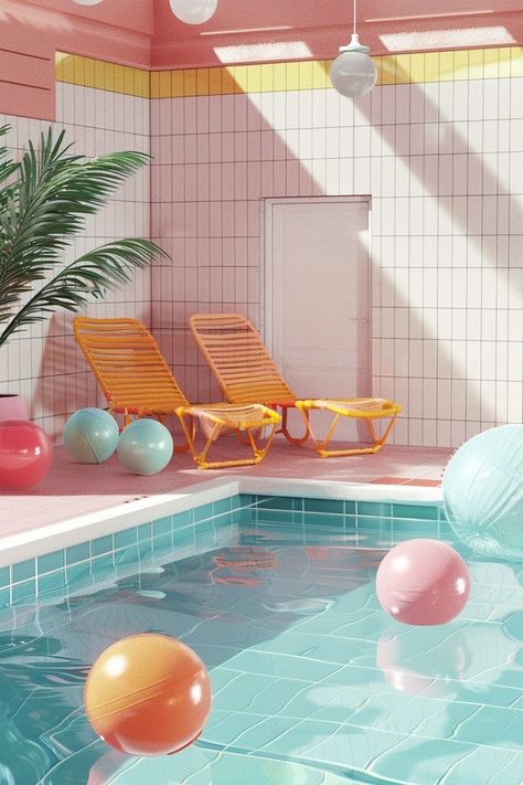 Pastel Pool Vibes with Retro Lounge Chairs and Colorful Beach Balls #PosterDesign #Risograph #PastelAesthetic #RetroVibes #PoolLife #LoungeChairs #BeachBalls #ColorfulArt #SummerVibes #ArtisticPrint #GraphicDesign #HomeDecor #VintageStyle #Tropical 50s Beach Aesthetic, Vintage Pool Aesthetic, Retro Beach Aesthetic, Motel Pool, 50s Beach, Art Sources, Retro Lounge Chairs, 80s Beach, Vintage Pool