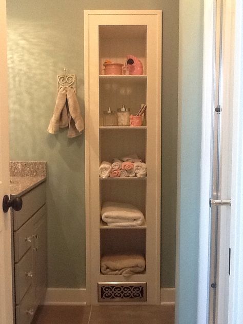 Created a shelving unit between studs in wall. Backed with bead board. In Wall Storage Between Studs Bedroom, Between Wall Studs Storage, Storage Between Wall Studs, Closet Between Studs, Between Stud Shelves, In Wall Storage Between Studs, Shelves Between Studs, Diy Bathroom Shelf, Between Studs