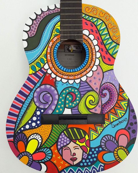 Guitar Draw, Guitar Art Diy, Painted Guitar, Ukulele Design, Guitar Artwork, Ukulele Art, Guitar Drawing, Peace Sign Art, Instruments Art