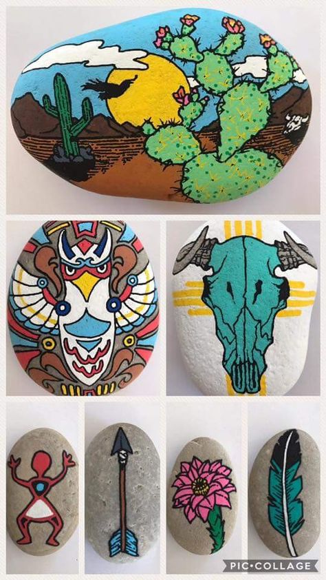 Western rocks Country Rock Painting Ideas, Aztec Rock Painting, Western Painted Rocks, Western Rock Painting Ideas, Cactus Rocks, Native Drawings, Penny Art, Painted Garden Rocks, Rock Cactus