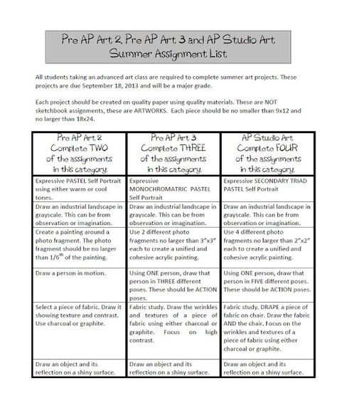 My High School Art Room: Summer Assignment List School Art Room, High School Art Room, Art Rubric, Summer Art Projects, High School Art Lessons, High School Art Projects, Art Assignments, Ap Studio Art, Art Worksheets