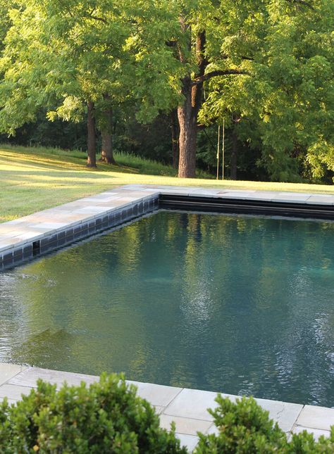 The Duality of a Farmhouse Pool: Swimming and Reflecting — Joshua Tompkins Landscape Architecture LLC, Yarmouth, Maine Dark Green Pool, Dark Bottom Pool, Pool Brick, Poolside Chaise Lounge, Farmhouse Pool, Yarmouth Maine, Diving Boards, Outdoor Pool Area, Green Pool