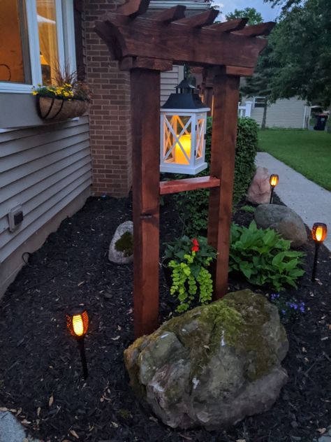 Landscaping Around A Lamp Post, Diy Lamp Post Outdoor Solar Lights, Diy Solar Lamp Post Outdoor, Lamp Posts Front Yard Solar, Solar Lamp Post Outdoor Lowe's, Small Yards, Diy Backyard Landscaping, Garden Decor Projects, Backyard Diy Projects