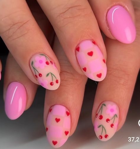 Cherry Valentines Nails, Cherry Heart Nails, Pink Cherry Nails, Heart Nails Design, V Day Nails, Pink Tip Nails, Fruit Nails, Halloween Acrylic Nails, Cute Simple Nails