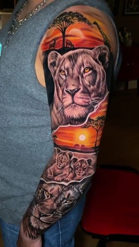 Discover the world of lion tattoos in our article. From deep symbolism and rich history to placement options and best designs. Lion Family Tattoos For Men, Lioness And Cub Tattoo, Family Sleeve Tattoo, Cub Tattoo, Family Tattoos For Men, Lower Arm Tattoos, Tiger Tattoo Sleeve, Cubs Tattoo