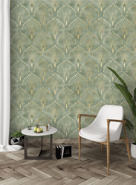 Green And Gold Peel And Stick Wallpaper, Living Area Wallpaper, Green Wallpaper Living Room, Wall Papering Ideas Living Room, Green Art Deco Wallpaper, Green And Gold Wallpaper, 1920s Wallpaper, Bathroom Wall Coverings, Luxury Wall Decor