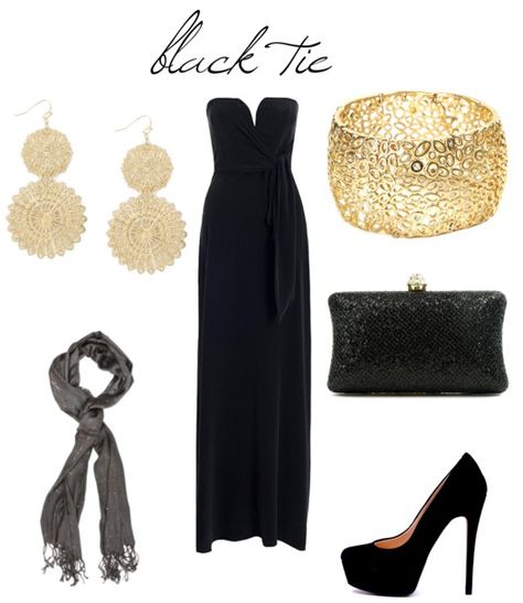 suggested outfit for a black tie spring wedding.. yes please. Black Jumpsuit With Gold Accessories, Black Tie Wedding Jewelry, Accessories For Black Dress Formal, Wedding Guest Jewelry Accessories, Black Dress With Gold Jewelry, Black Dress Accessories Jewelry Formal, Black Tie Party Outfit Women, Black Dress With Gold Accessories, Black Tie Jewelry