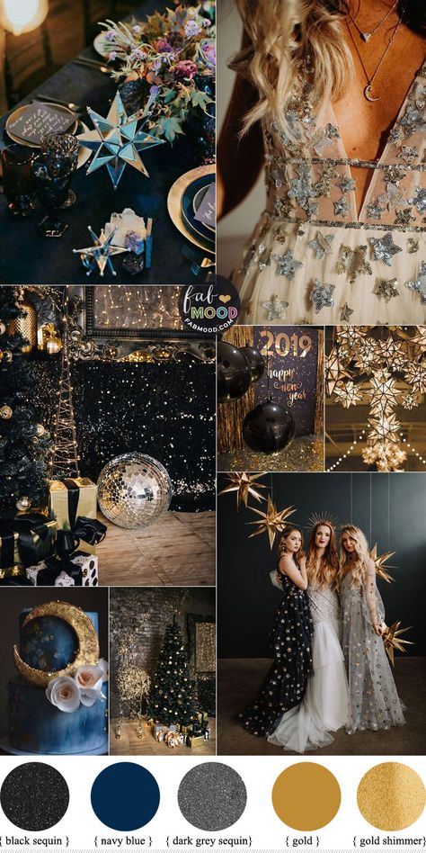 Starry Night and Celestial Wedding Theme For New Year's Eve wedding Wedding Colors Black, Celestial Wedding Theme, Blue Gold Wedding, New Year's Eve Wedding, Starry Night Wedding, Gold Wedding Colors, Black Gold Wedding, Moon Wedding, New Years Eve Weddings